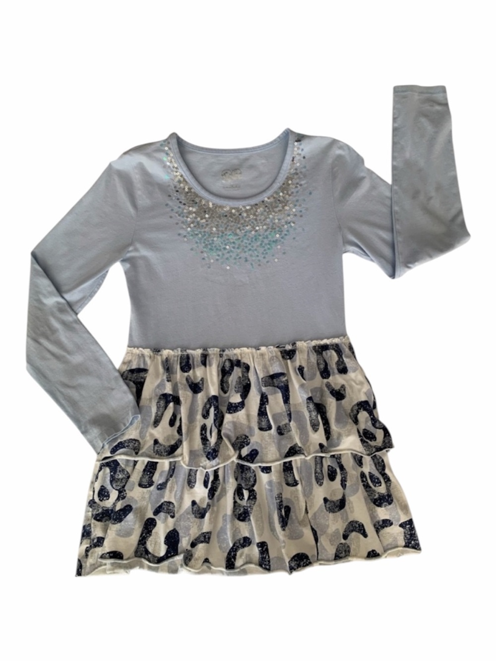 Justice Y2K Shirt Girls 12 Blue Sequin Long Sleeves Leopard Scoop Neck Ruffles